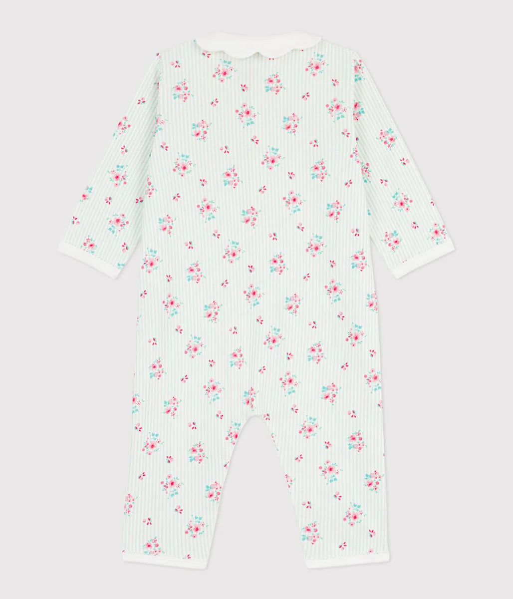 衿つきフラワープリント足なしロンパース