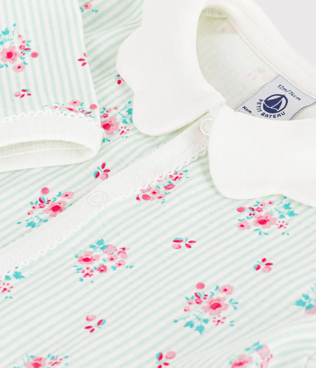 衿つきフラワープリント足なしロンパース